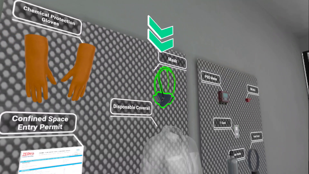 VR training interface showing a wall display of safety equipment. Items include chemical protection gloves, a disposable coverall, and a mask highlighted in green. Labels for other items such as “Confined Space Entry Permit,” “PGD Meter,” and “Whistle” are also visible.