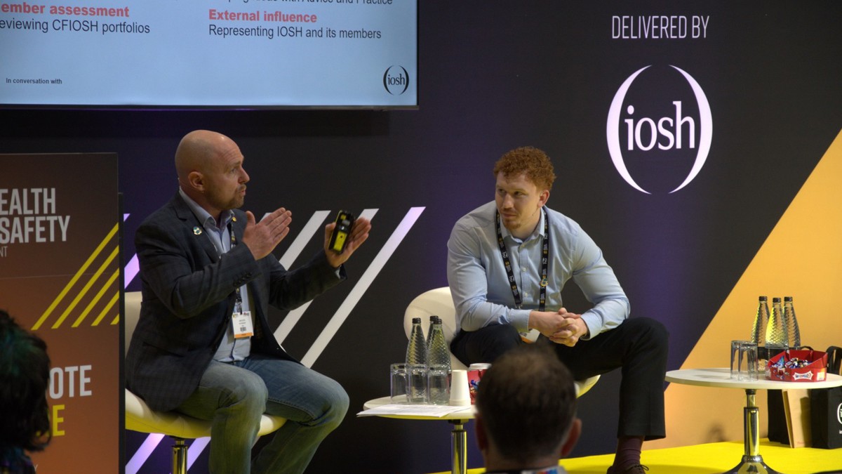 IOSH Vice-Presidents Gary Latta and Macauley Quinn on stage at Health and Safety Event 2026