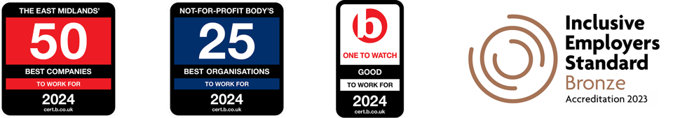 Four award badges for workplace excellence and inclusion from 2023–2024.