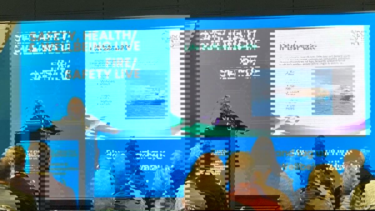  A speaker presents a slide about battery‑related risks in workplaces, with an image of a smoking ship on the screen.