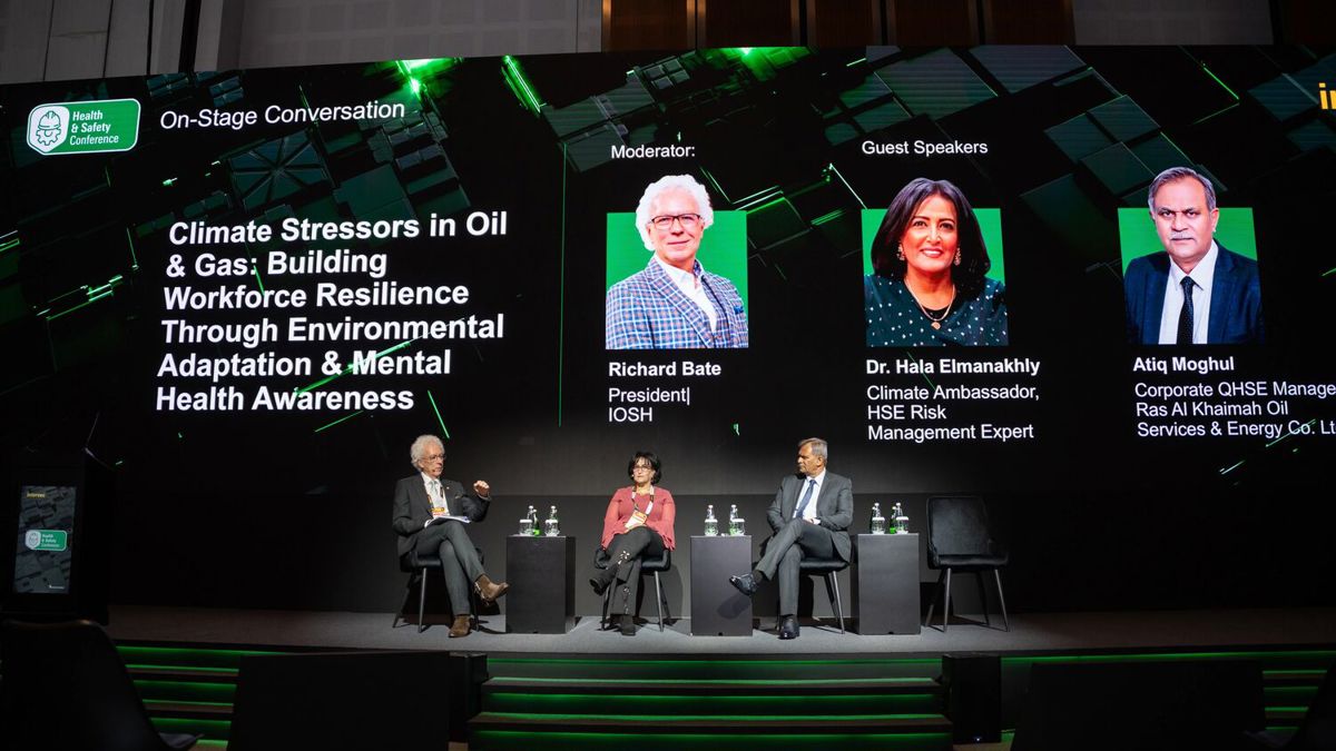 Panel discussion on climate stressors in oil and gas at Intersec Dubai.